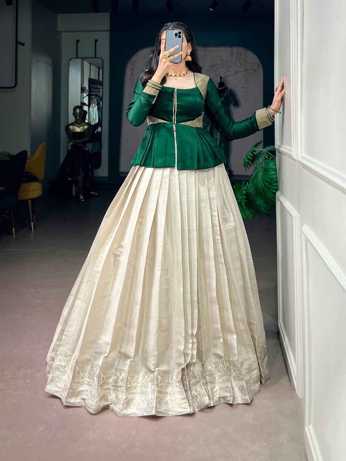 Cream Pure Kanchipuram Silk Rich Zari Weaving South Indian Lehenga Choli