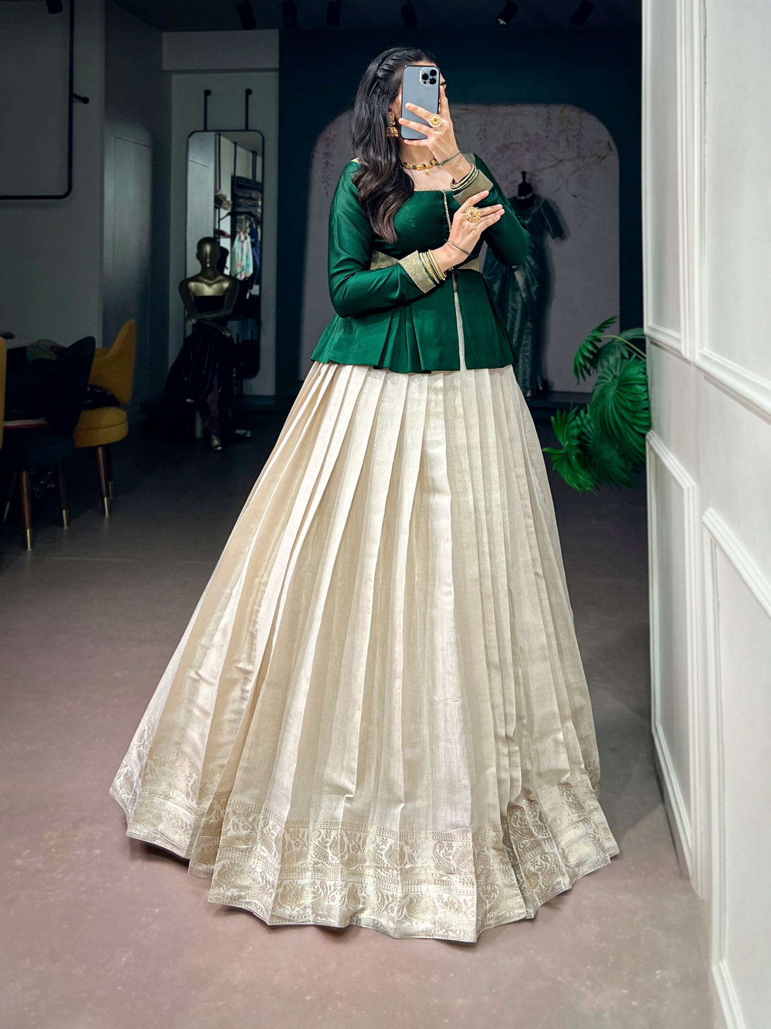 Cream Pure Kanchipuram Silk Rich Zari Weaving South Indian Lehenga Choli