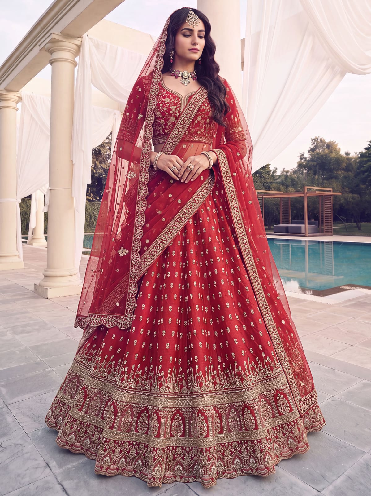 Red Pure Slubb Silk Premium Heavy Beads &amp; Motif Dori Embroidery Zari Sequins Hand Work Bridal Lehenga Choli