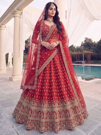 Red Pure Slubb Silk Premium Heavy Beads &amp; Motif Dori Embroidery Zari Sequins Hand Work Bridal Lehenga Choli
