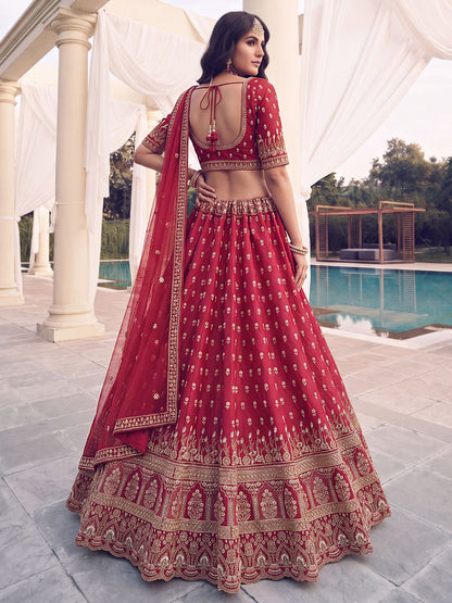 Red Pure Slubb Silk Premium Heavy Beads &amp; Motif Dori Embroidery Zari Sequins Hand Work Bridal Lehenga Choli