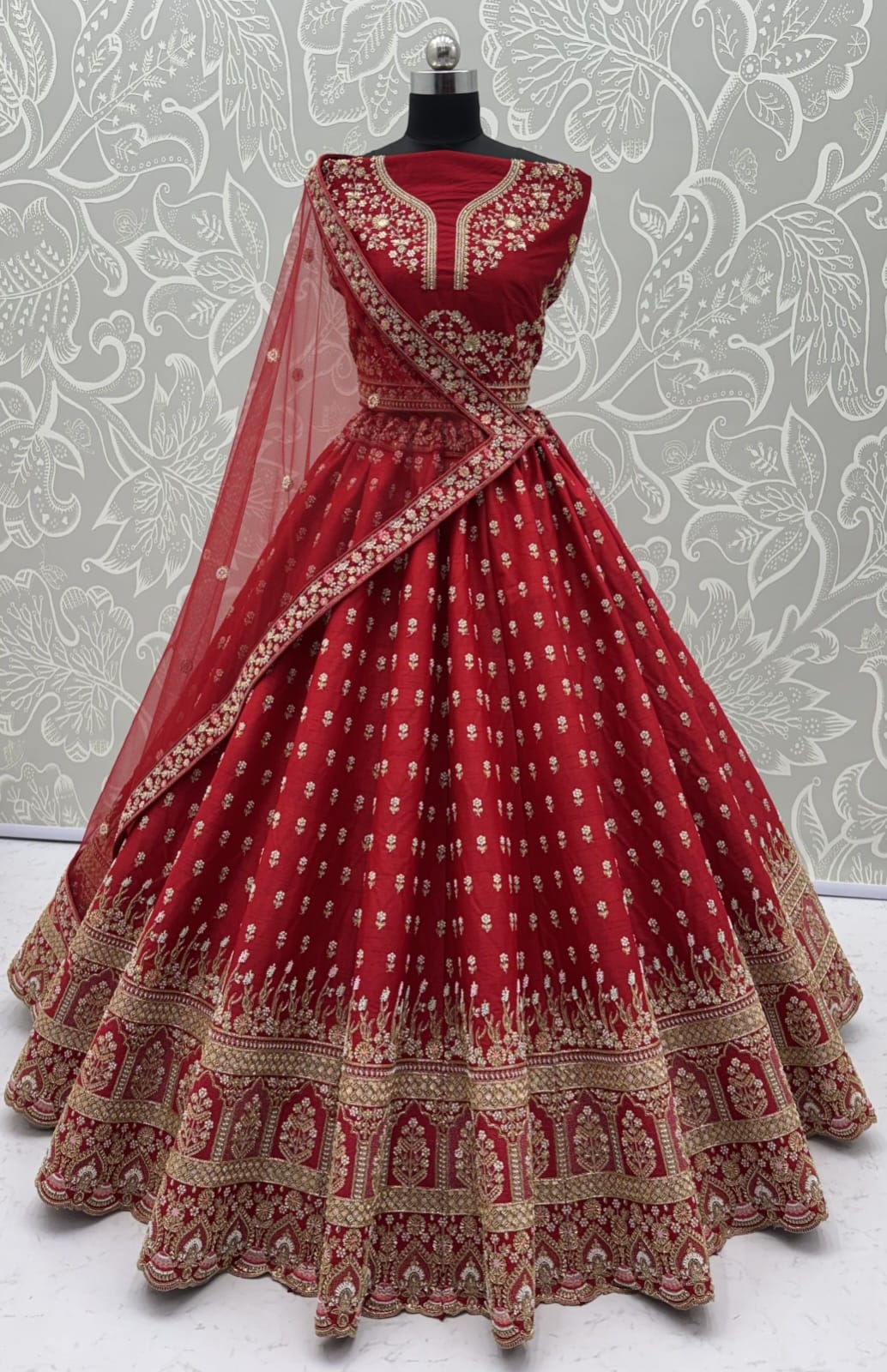 Red Pure Slubb Silk Premium Heavy Beads &amp; Motif Dori Embroidery Zari Sequins Hand Work Bridal Lehenga Choli