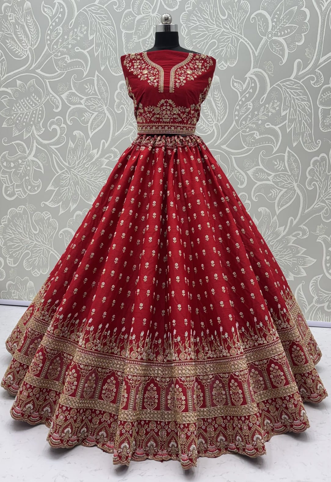 Red Pure Slubb Silk Premium Heavy Beads &amp; Motif Dori Embroidery Zari Sequins Hand Work Bridal Lehenga Choli