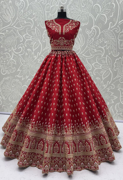 Red Pure Slubb Silk Premium Heavy Beads &amp; Motif Dori Embroidery Zari Sequins Hand Work Bridal Lehenga Choli