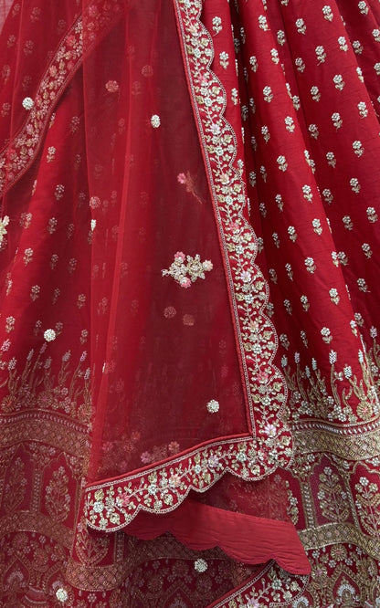 Red Pure Slubb Silk Premium Heavy Beads &amp; Motif Dori Embroidery Zari Sequins Hand Work Bridal Lehenga Choli