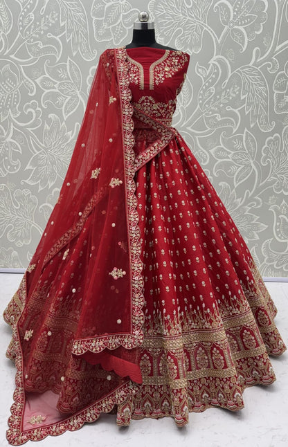 Red Pure Slubb Silk Premium Heavy Beads &amp; Motif Dori Embroidery Zari Sequins Hand Work Bridal Lehenga Choli