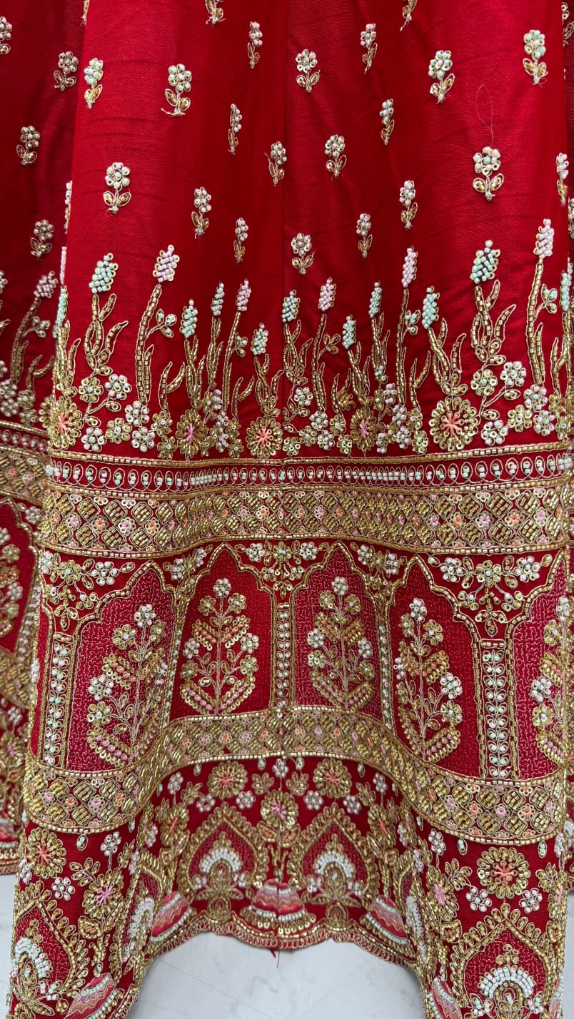 Red Pure Slubb Silk Premium Heavy Beads &amp; Motif Dori Embroidery Zari Sequins Hand Work Bridal Lehenga Choli