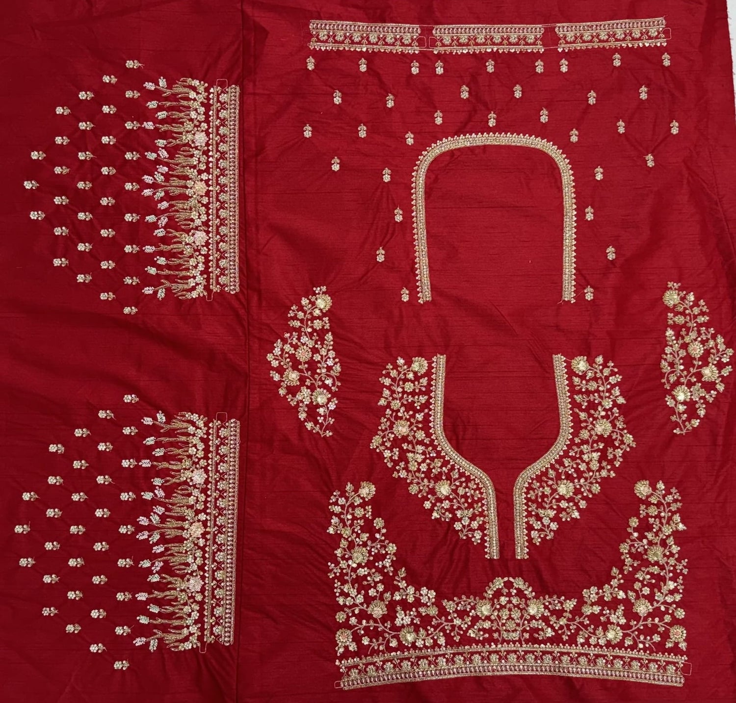 Red Pure Slubb Silk Premium Heavy Beads &amp; Motif Dori Embroidery Zari Sequins Hand Work Bridal Lehenga Choli