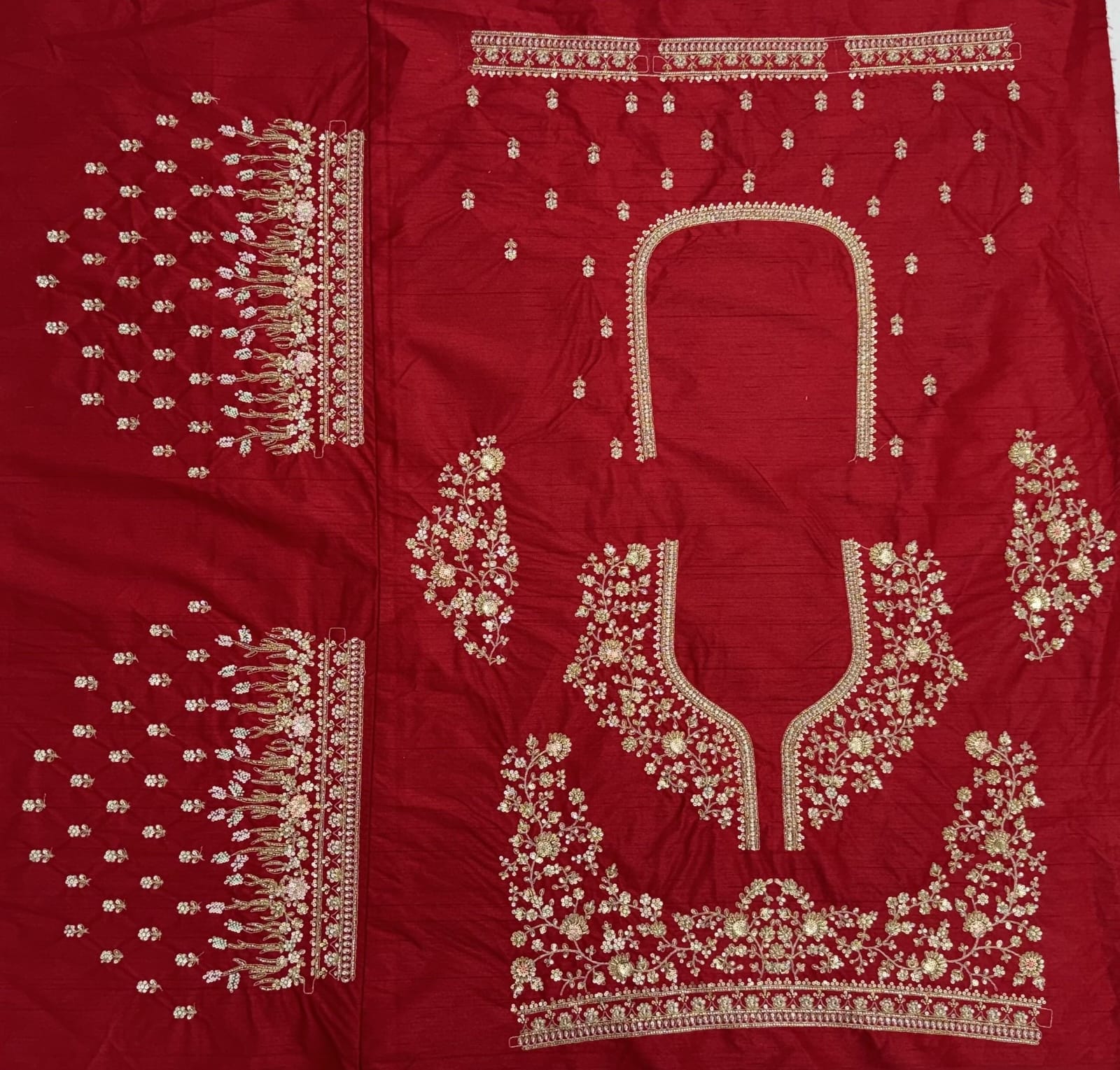 Red Pure Slubb Silk Premium Heavy Beads &amp; Motif Dori Embroidery Zari Sequins Hand Work Bridal Lehenga Choli