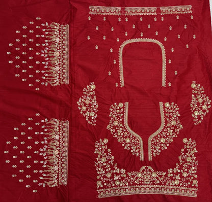 Red Pure Slubb Silk Premium Heavy Beads &amp; Motif Dori Embroidery Zari Sequins Hand Work Bridal Lehenga Choli
