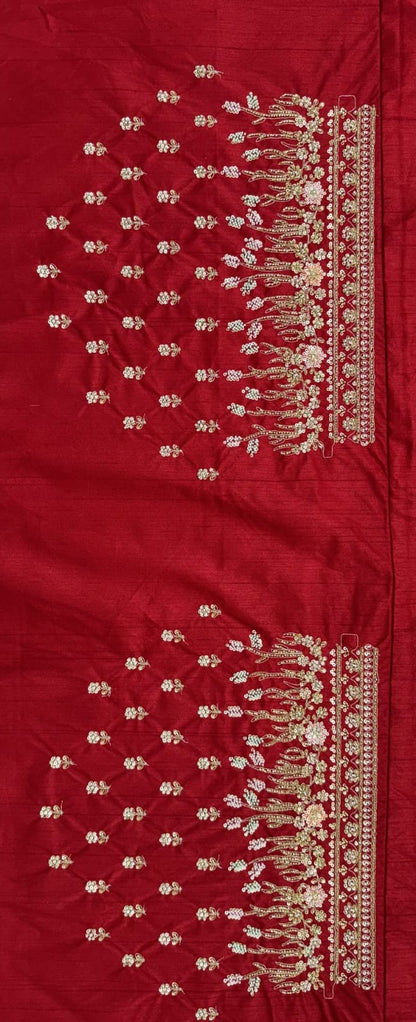 Red Pure Slubb Silk Premium Heavy Beads &amp; Motif Dori Embroidery Zari Sequins Hand Work Bridal Lehenga Choli