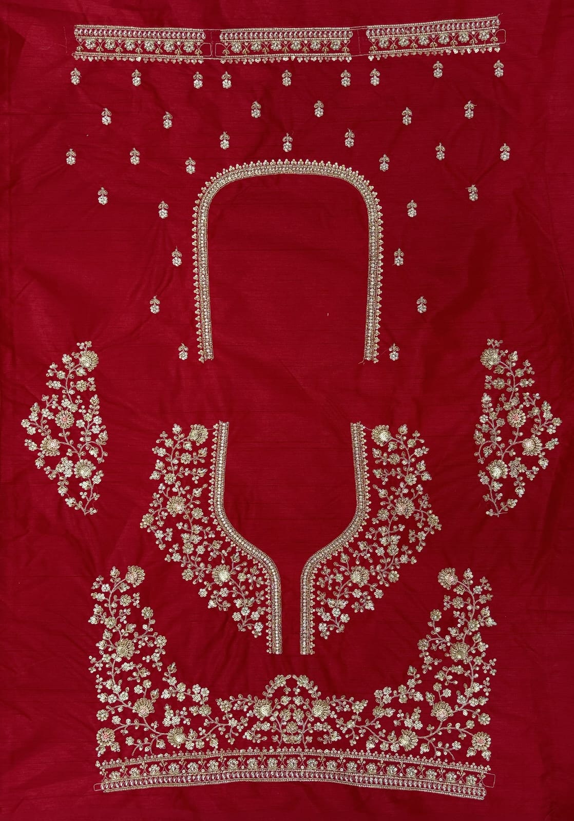Red Pure Slubb Silk Premium Heavy Beads &amp; Motif Dori Embroidery Zari Sequins Hand Work Bridal Lehenga Choli