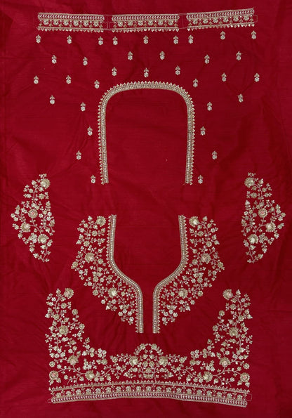 Red Pure Slubb Silk Premium Heavy Beads &amp; Motif Dori Embroidery Zari Sequins Hand Work Bridal Lehenga Choli