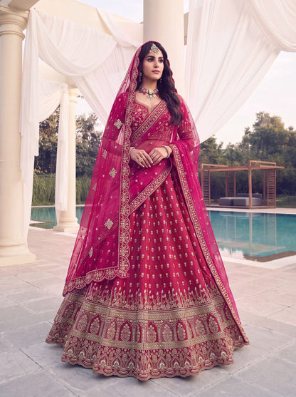 Rani Pure Slubb Silk Premium Heavy Beads &amp; Motif Dori Embroidery Zari Sequins Hand Work Bridal Lehenga Choli