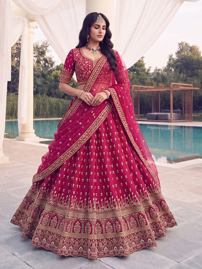 Rani Pure Slubb Silk Premium Heavy Beads &amp; Motif Dori Embroidery Zari Sequins Hand Work Bridal Lehenga Choli
