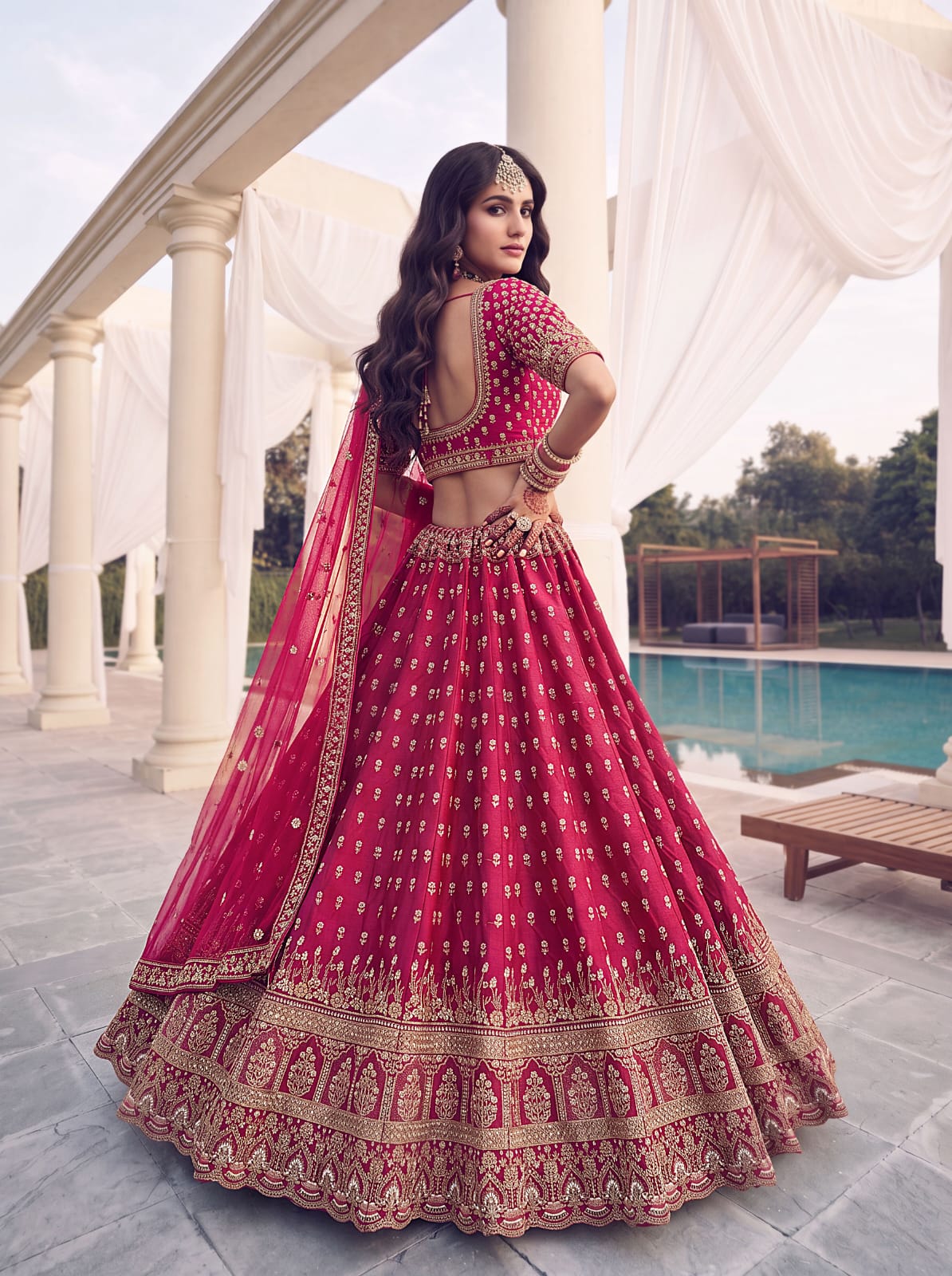 Rani Pure Slubb Silk Premium Heavy Beads &amp; Motif Dori Embroidery Zari Sequins Hand Work Bridal Lehenga Choli