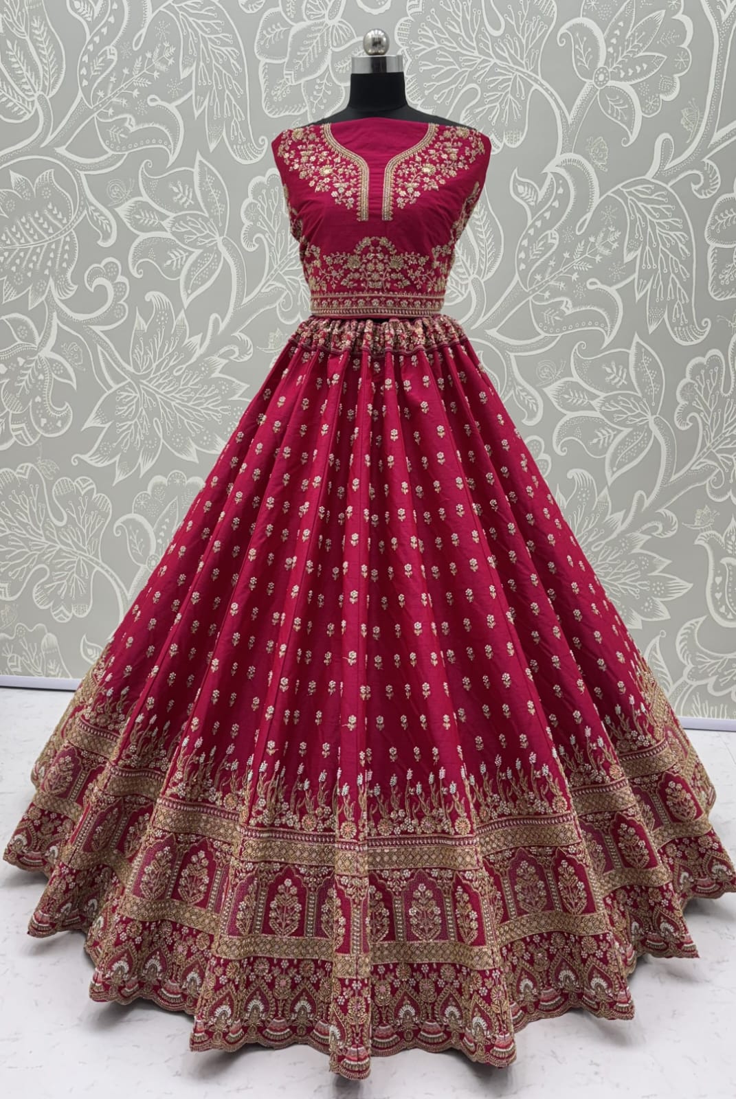 Rani Pure Slubb Silk Premium Heavy Beads &amp; Motif Dori Embroidery Zari Sequins Hand Work Bridal Lehenga Choli