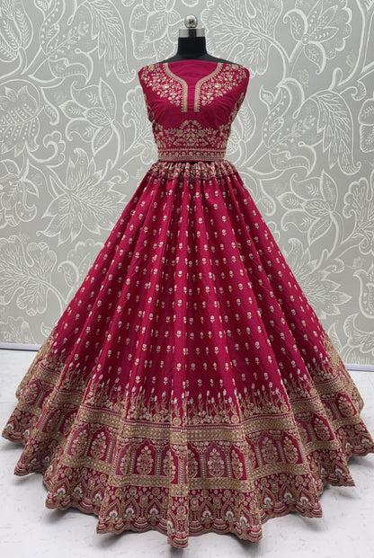 Rani Pure Slubb Silk Premium Heavy Beads &amp; Motif Dori Embroidery Zari Sequins Hand Work Bridal Lehenga Choli