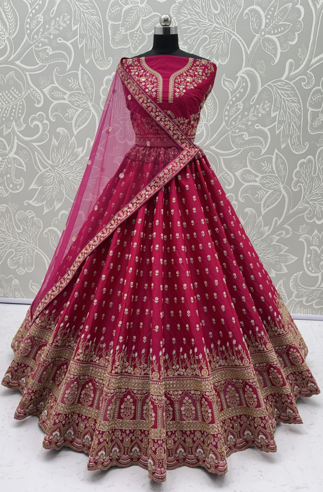 Rani Pure Slubb Silk Premium Heavy Beads &amp; Motif Dori Embroidery Zari Sequins Hand Work Bridal Lehenga Choli