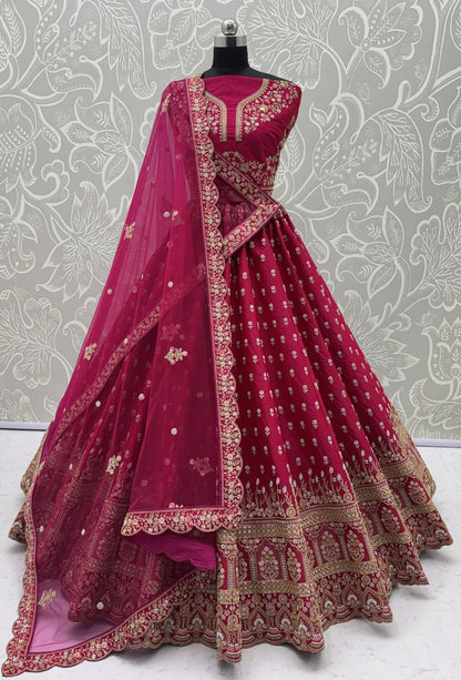 Rani Pure Slubb Silk Premium Heavy Beads &amp; Motif Dori Embroidery Zari Sequins Hand Work Bridal Lehenga Choli