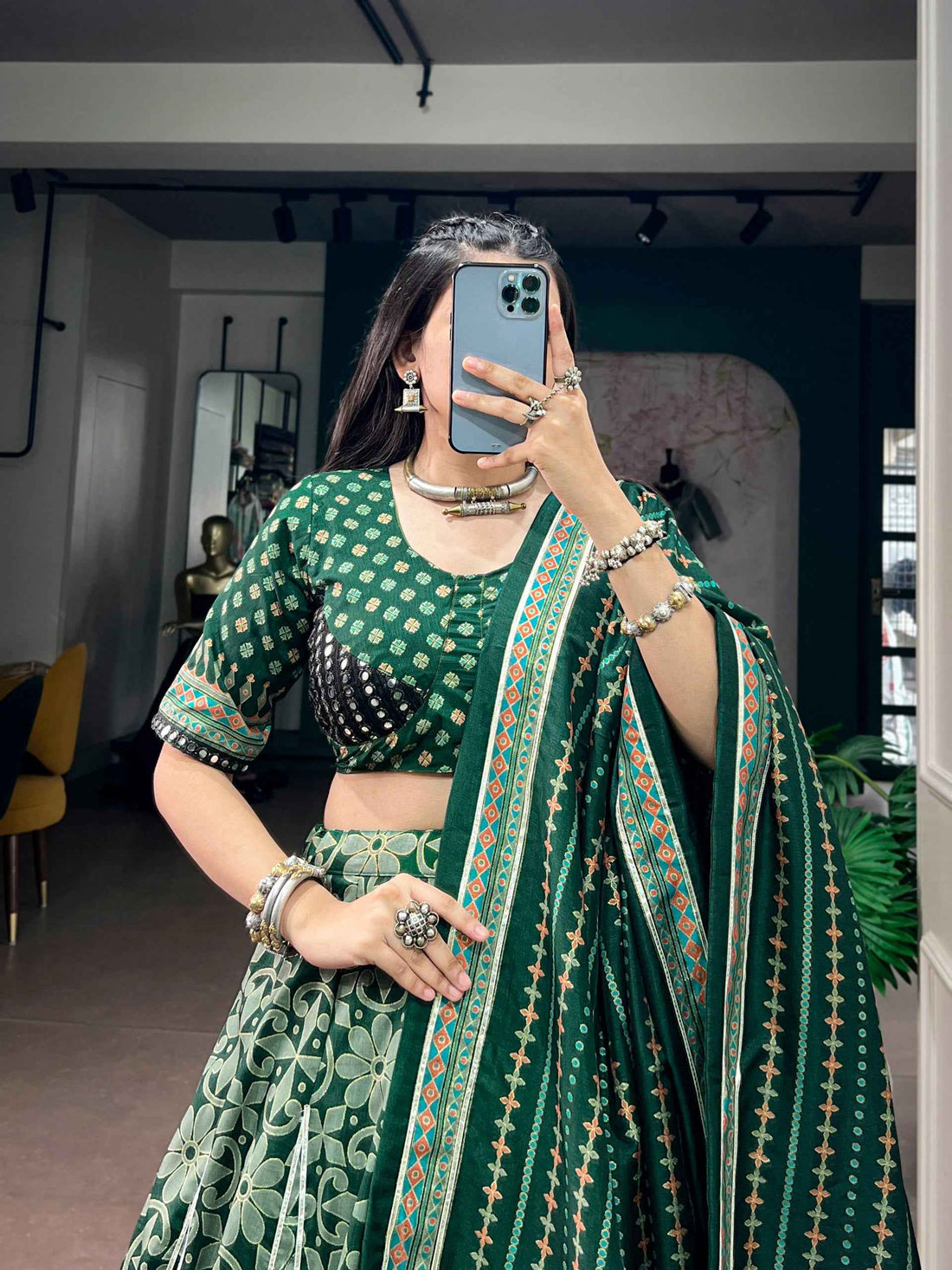 Green Pure Tasar Silk with Iconic Sparkle Navratri Lehenga Choli