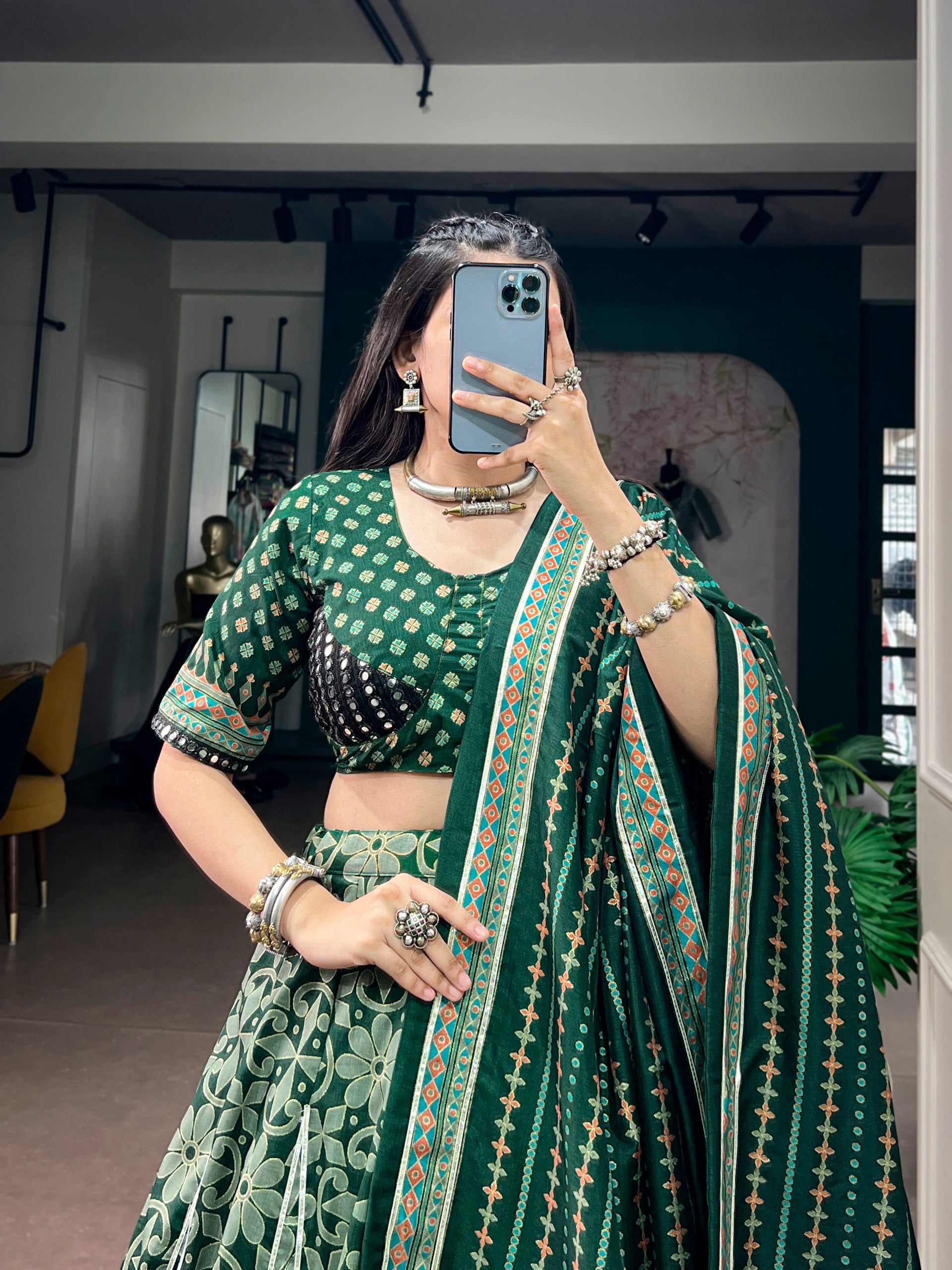 Green Pure Tasar Silk with Iconic Sparkle Navratri Lehenga Choli