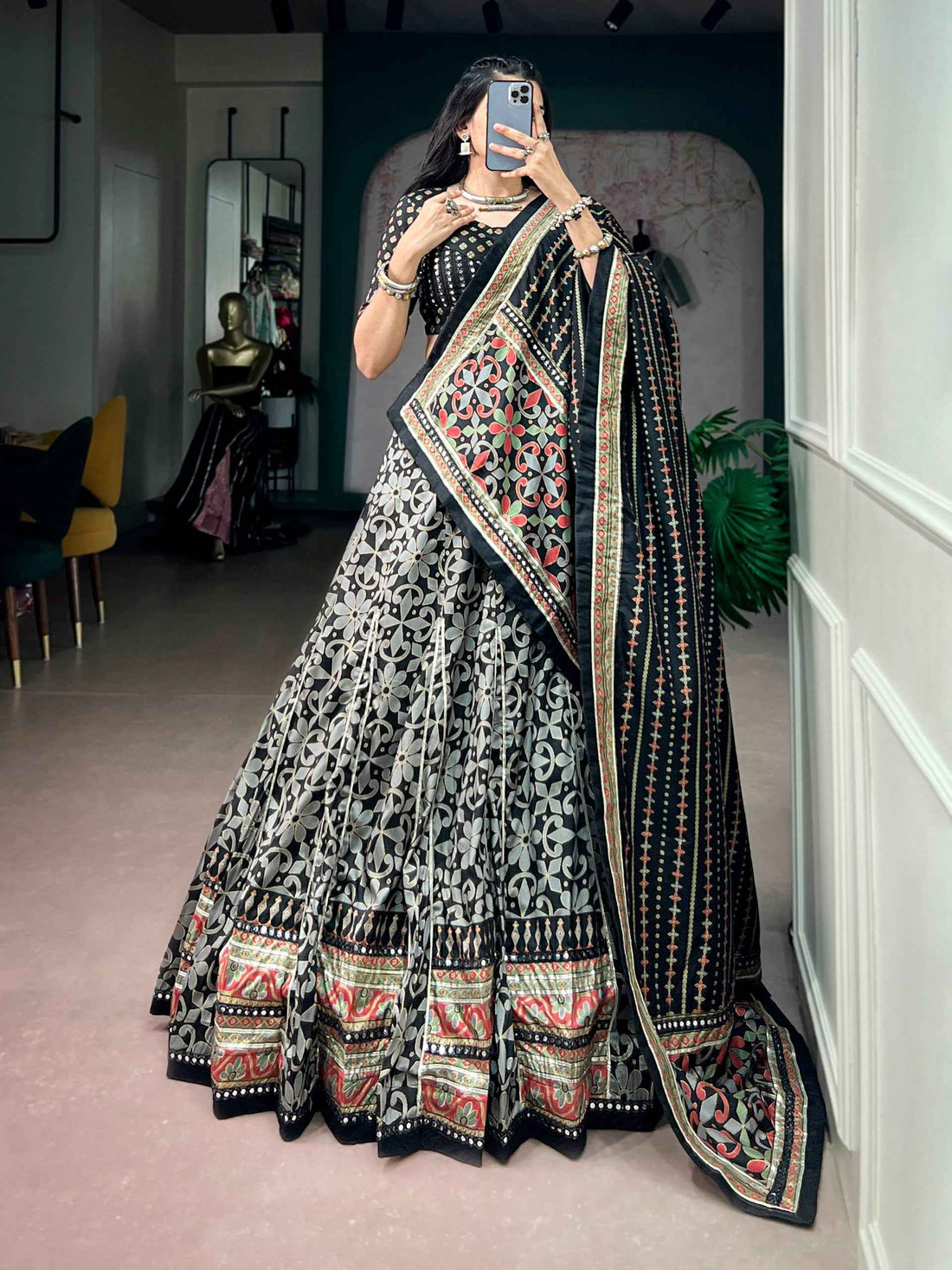 Black Pure Tasar Silk with Iconic Sparkle Navratri Lehenga Choli