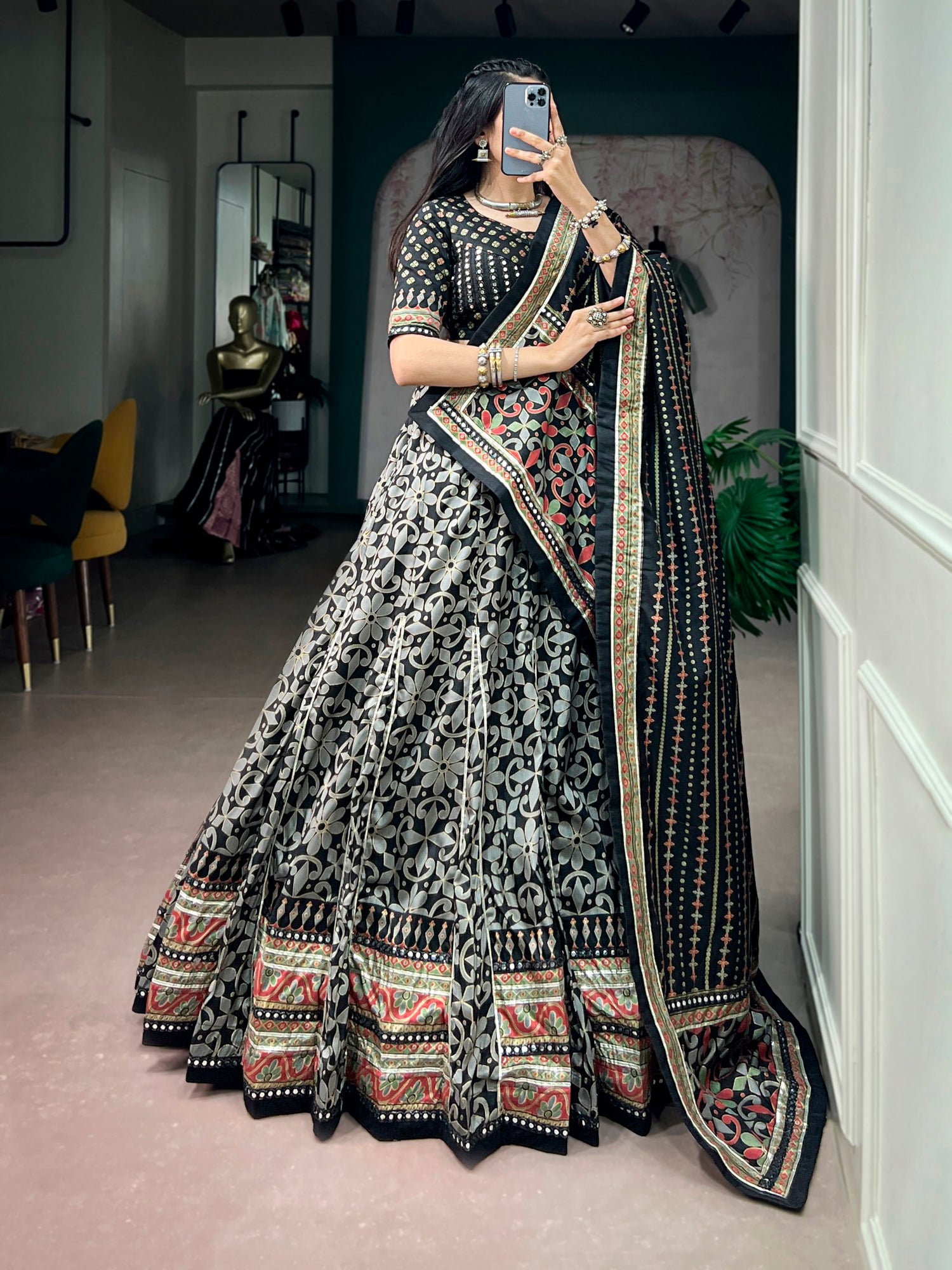 Black Pure Tasar Silk with Iconic Sparkle Navratri Lehenga Choli