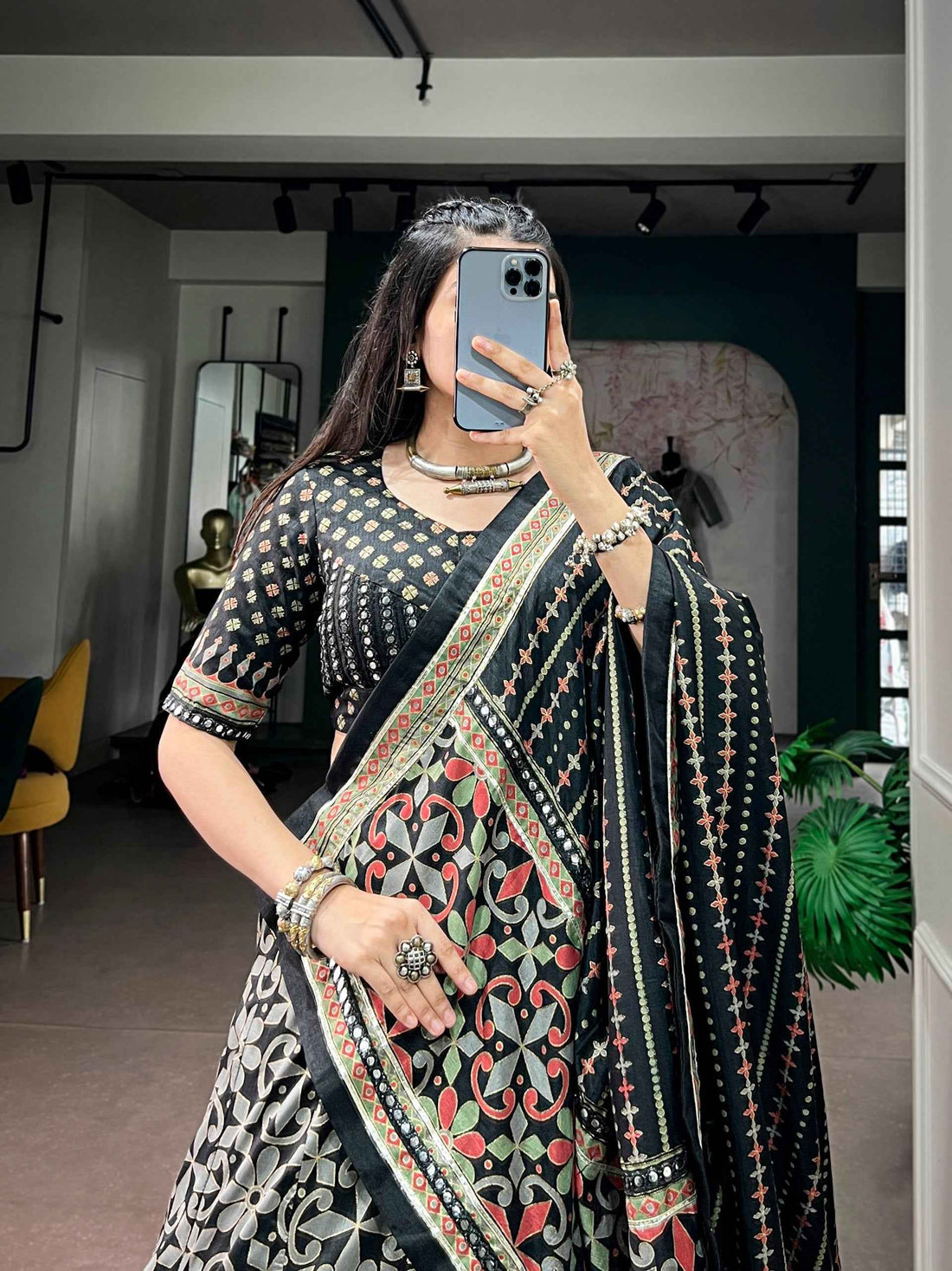 Black Pure Tasar Silk with Iconic Sparkle Navratri Lehenga Choli