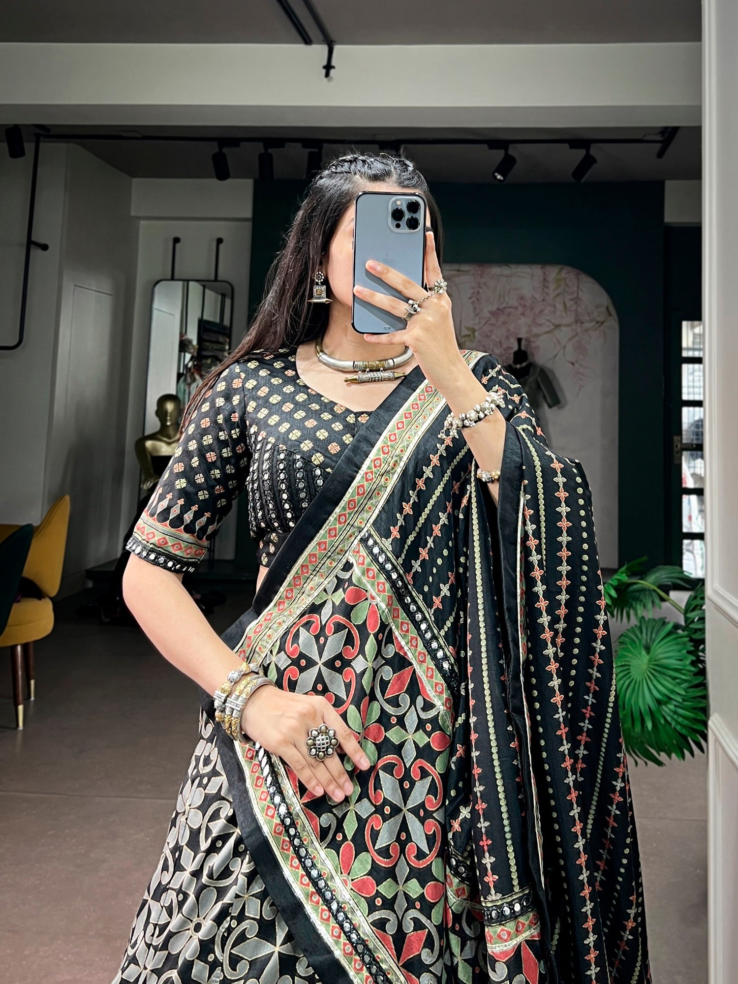 Black Pure Tasar Silk with Iconic Sparkle Navratri Lehenga Choli