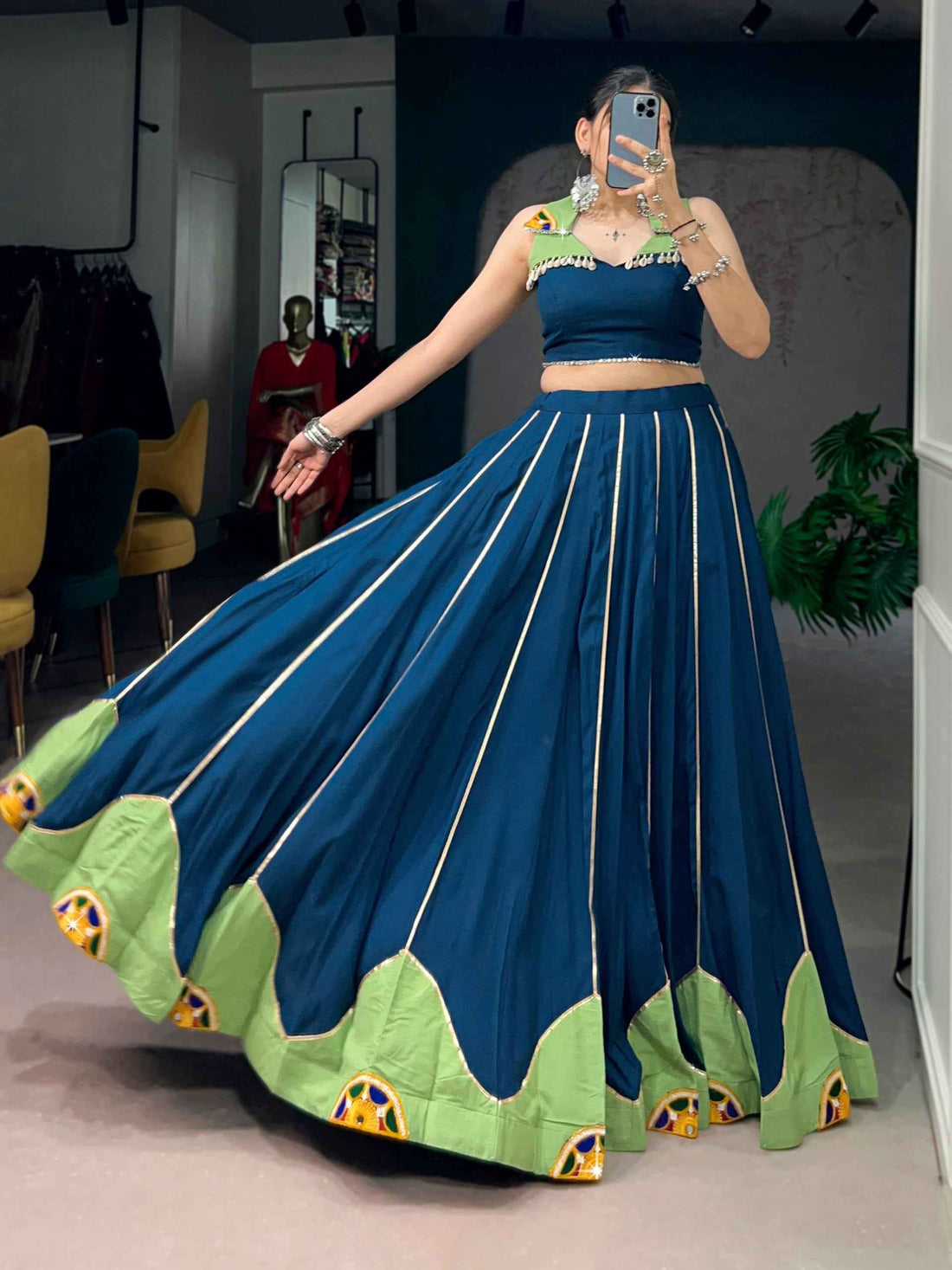 Blue Pure Reyon Cotton Gamthi Gota Patti &amp; Mirror Work Navratri Lehenga Choli