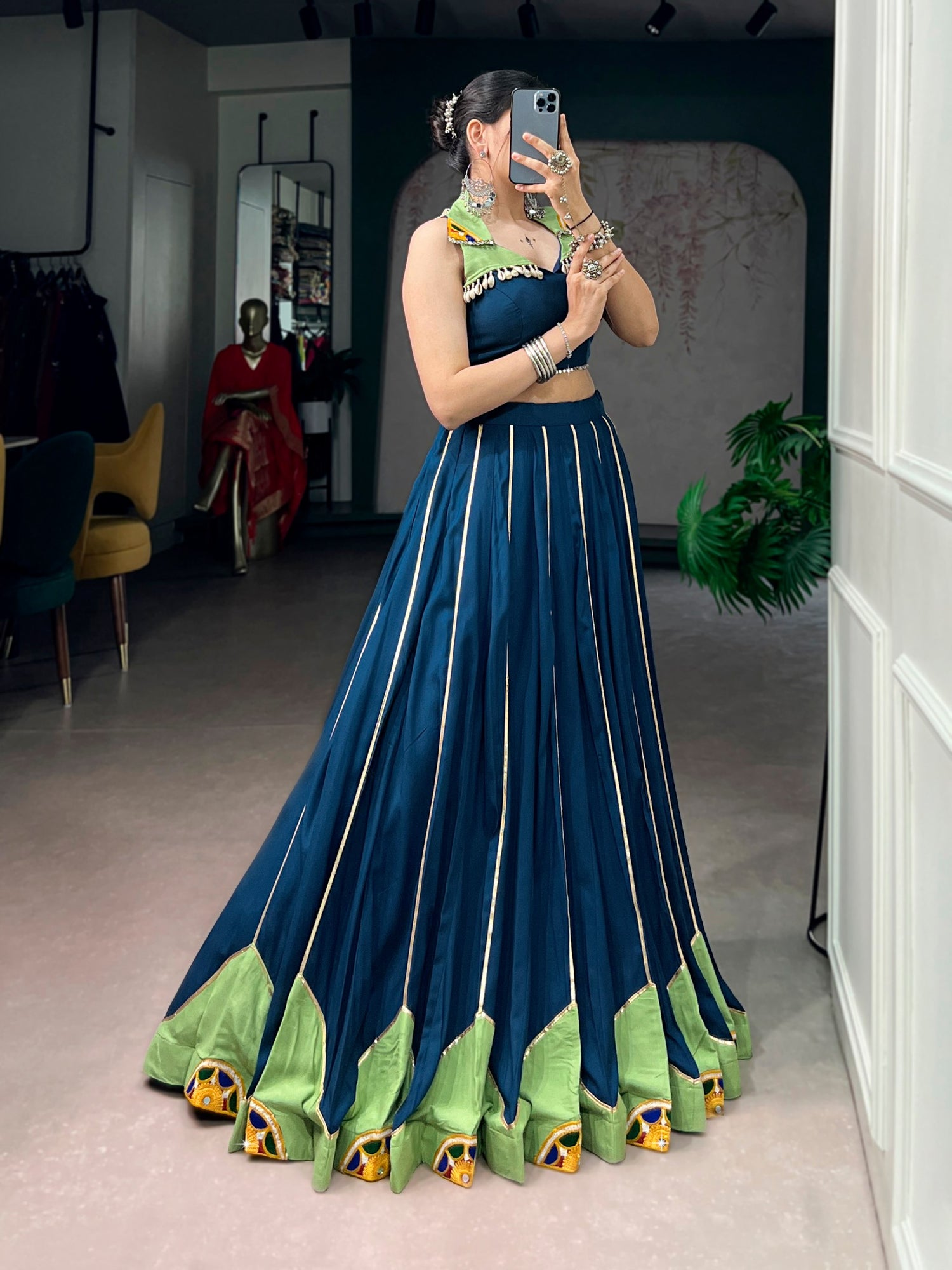 Blue Pure Reyon Cotton Gamthi Gota Patti &amp; Mirror Work Navratri Lehenga Choli