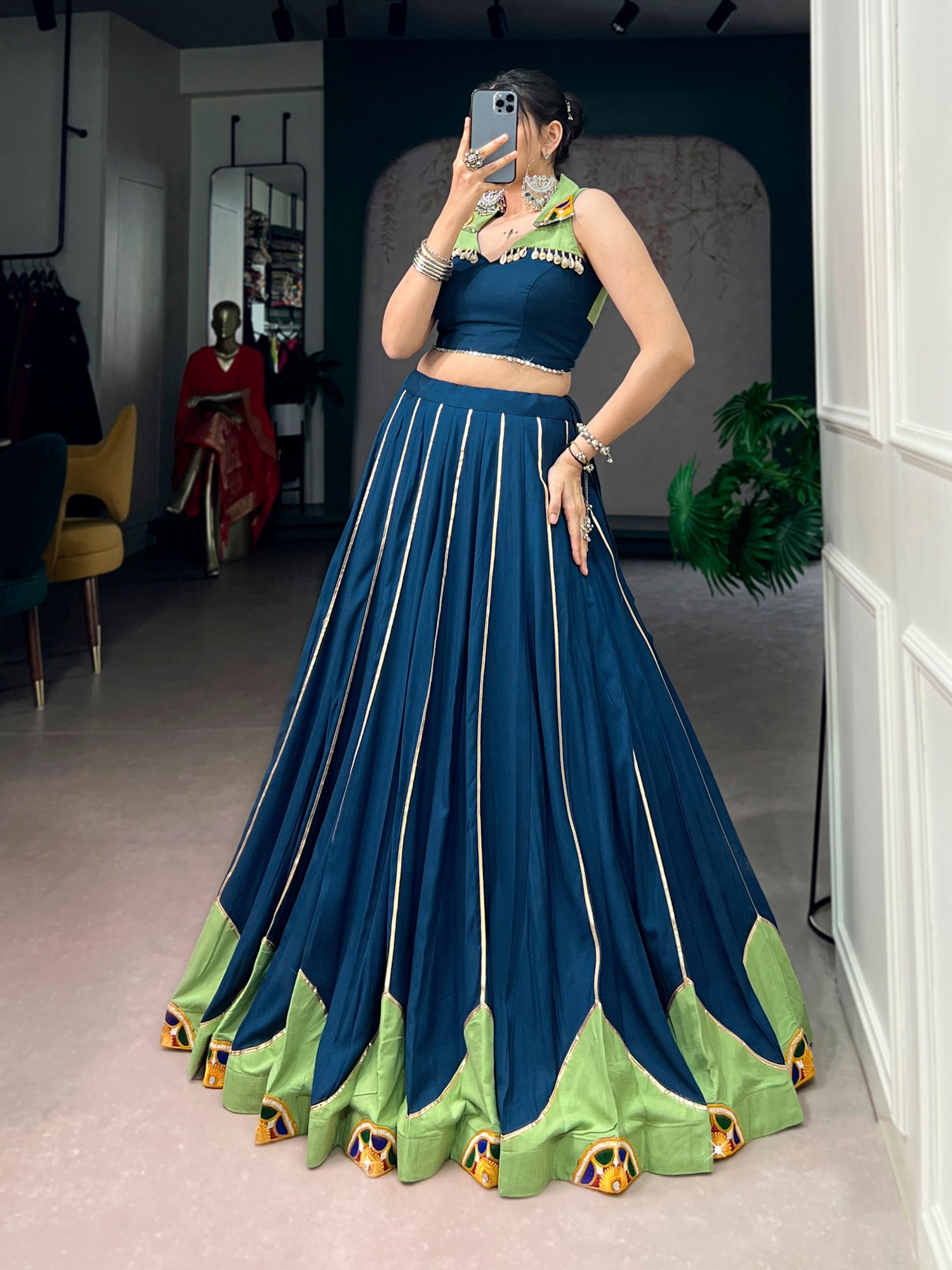 Blue Pure Reyon Cotton Gamthi Gota Patti &amp; Mirror Work Navratri Lehenga Choli