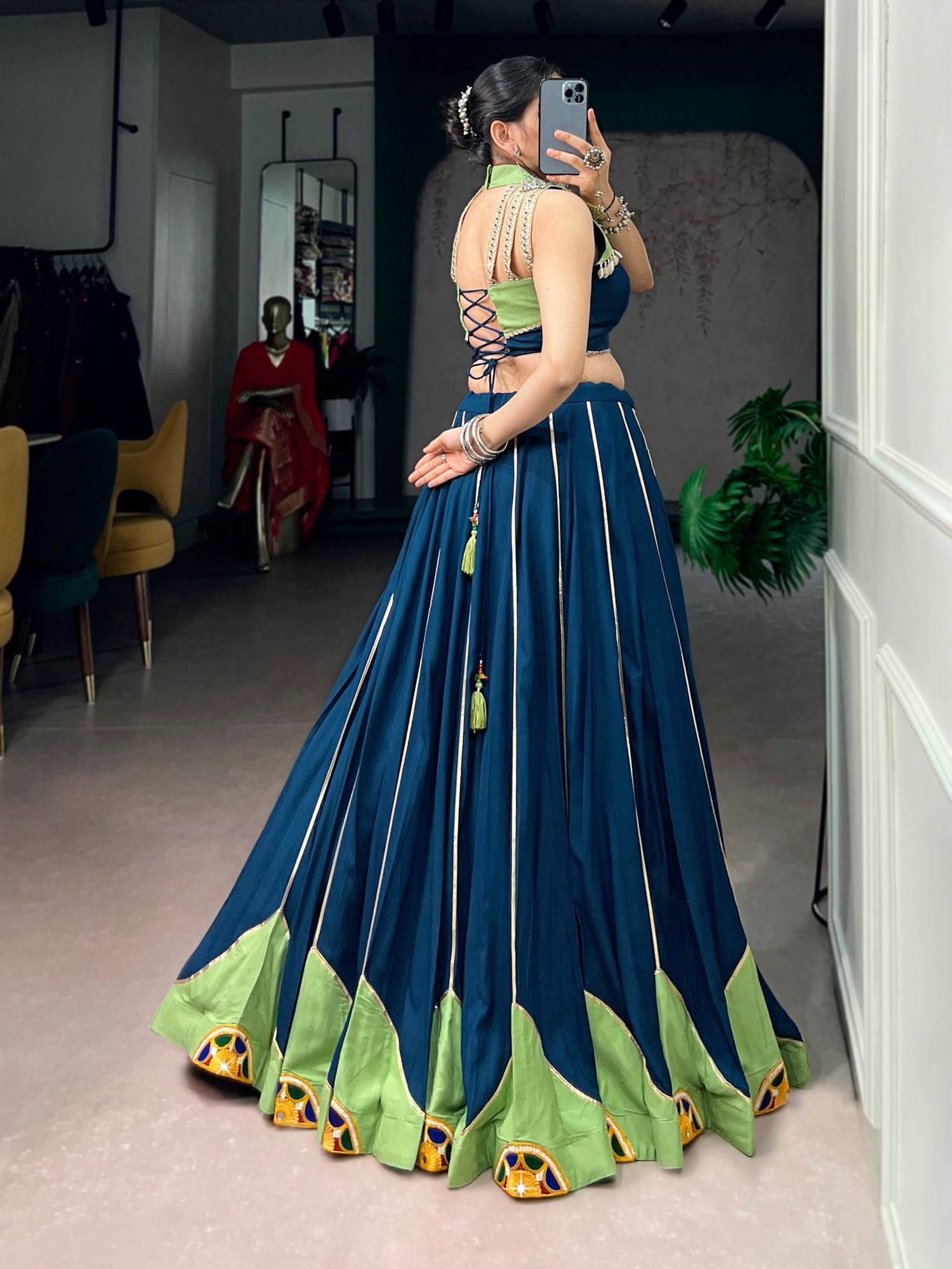 Blue Pure Reyon Cotton Gamthi Gota Patti &amp; Mirror Work Navratri Lehenga Choli