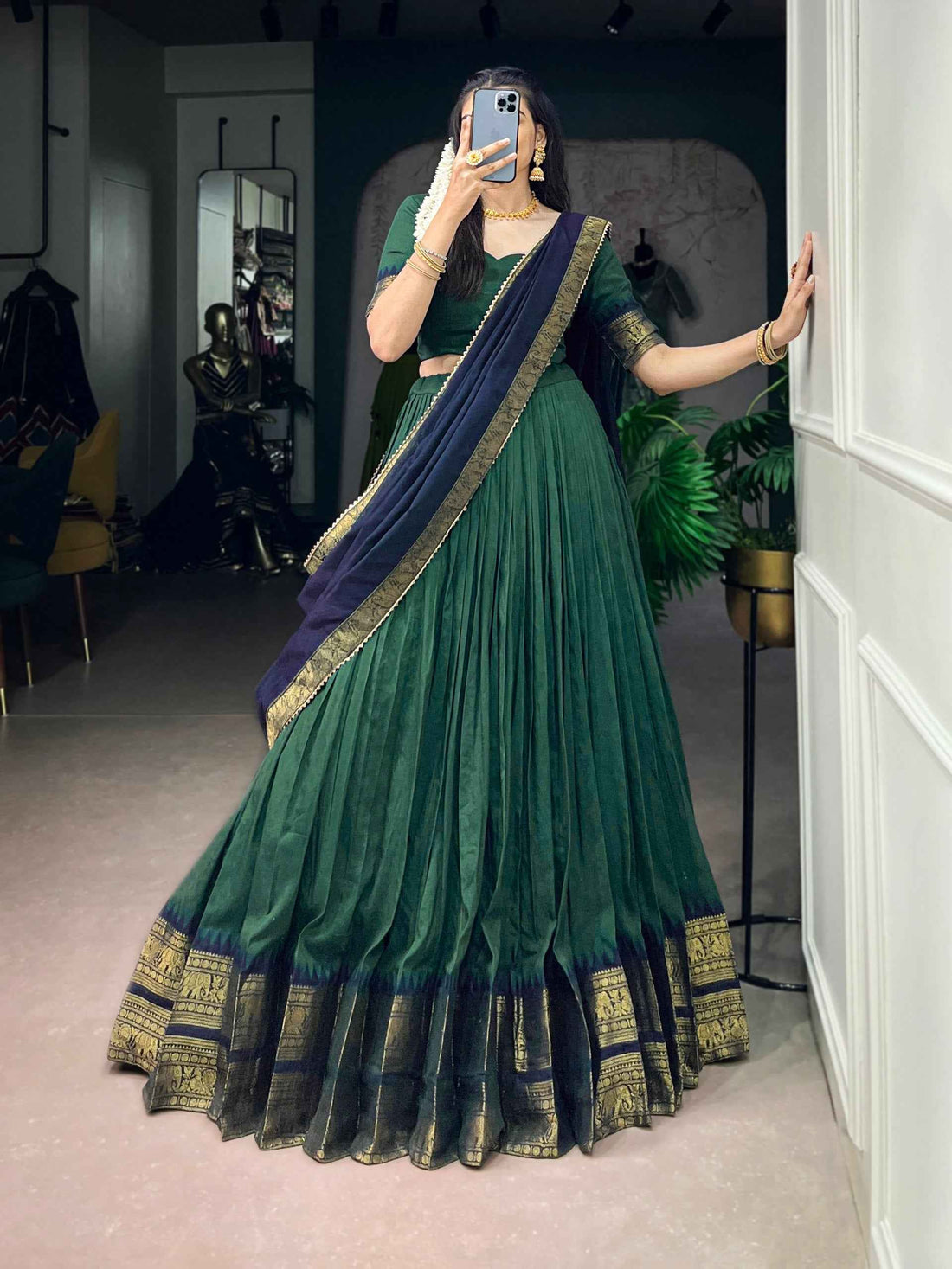 Green Pure Poly Cotton with Zari Woven Border South Indian Lehenga Choli