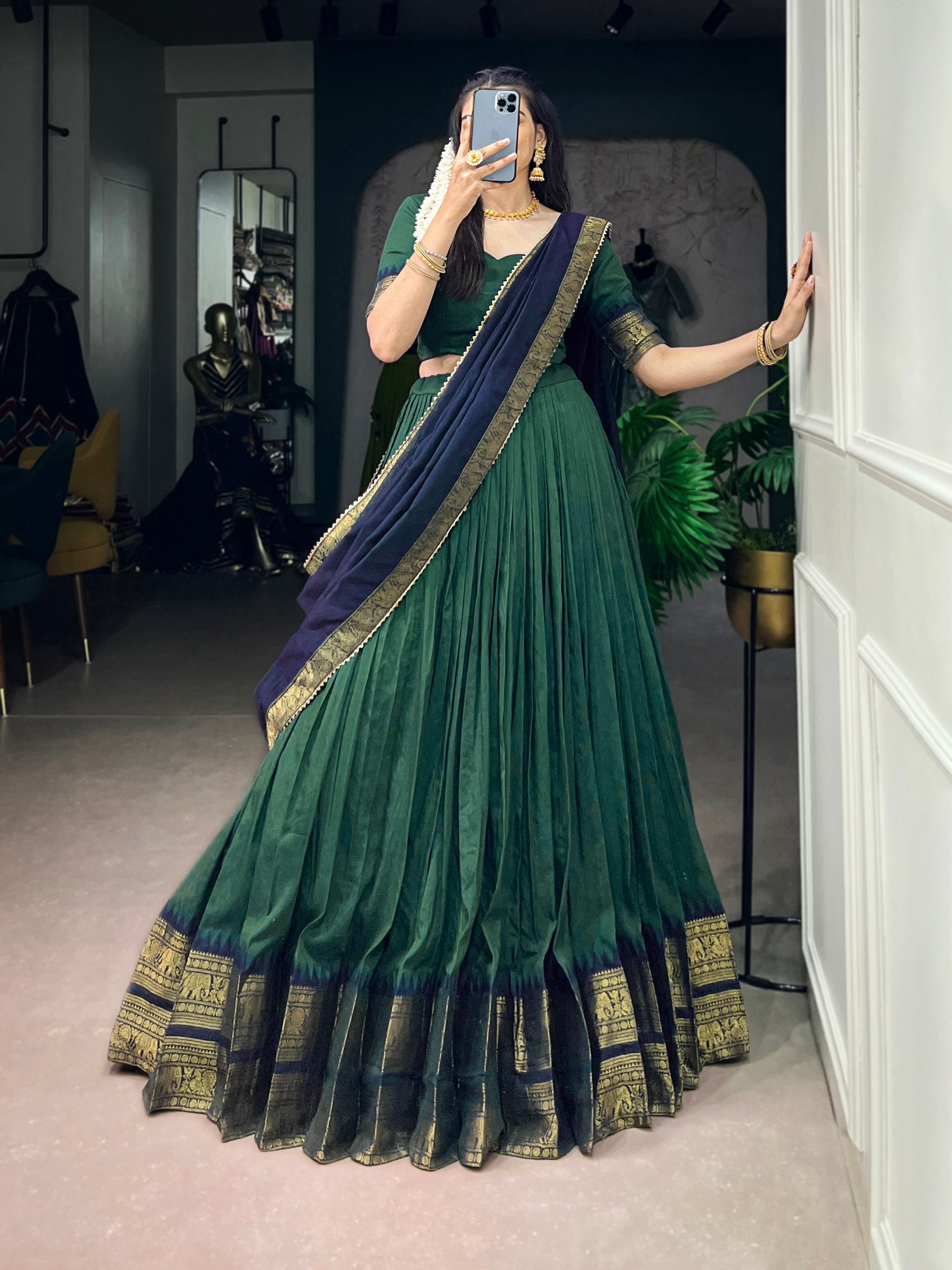 Green Pure Poly Cotton with Zari Woven Border South Indian Lehenga Choli