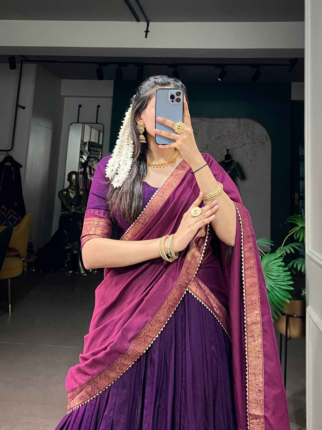 Purple Pure Poly Cotton with Zari Woven Border South Indian Lehenga Choli