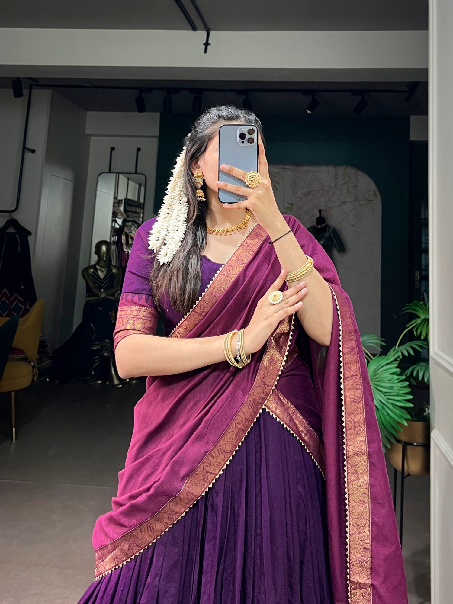 Purple Pure Poly Cotton with Zari Woven Border South Indian Lehenga Choli