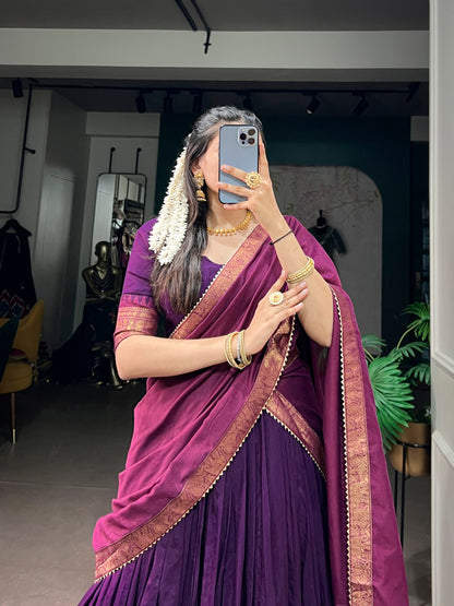 Purple Pure Poly Cotton with Zari Woven Border South Indian Lehenga Choli