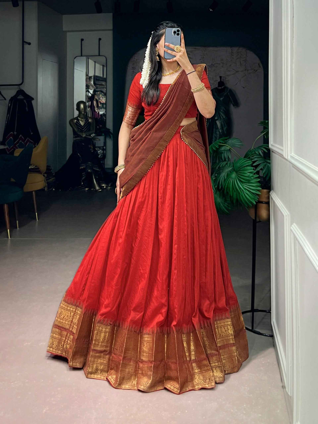Red Pure Poly Cotton with Zari Woven Border South Indian Lehenga Choli