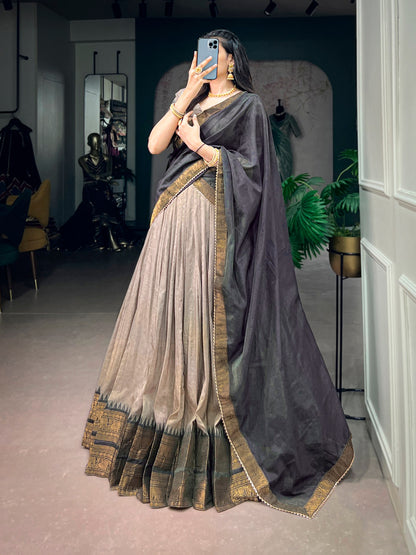 Dark Brown Pure Poly Cotton with Zari Woven Border South Indian Lehenga Choli