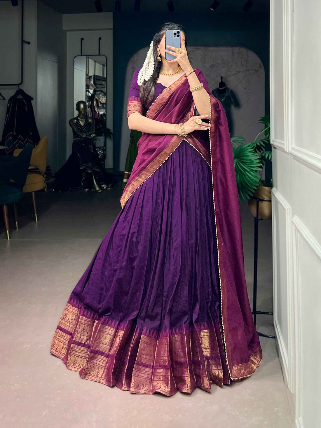 Purple Pure Poly Cotton with Zari Woven Border South Indian Lehenga Choli
