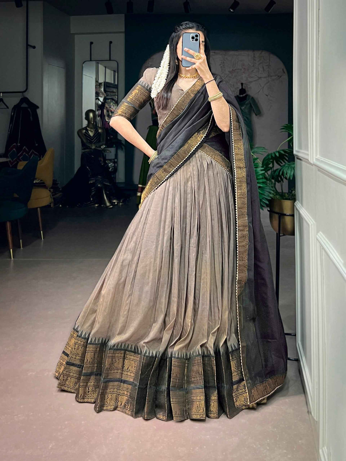 Dark Brown Pure Poly Cotton with Zari Woven Border South Indian Lehenga Choli
