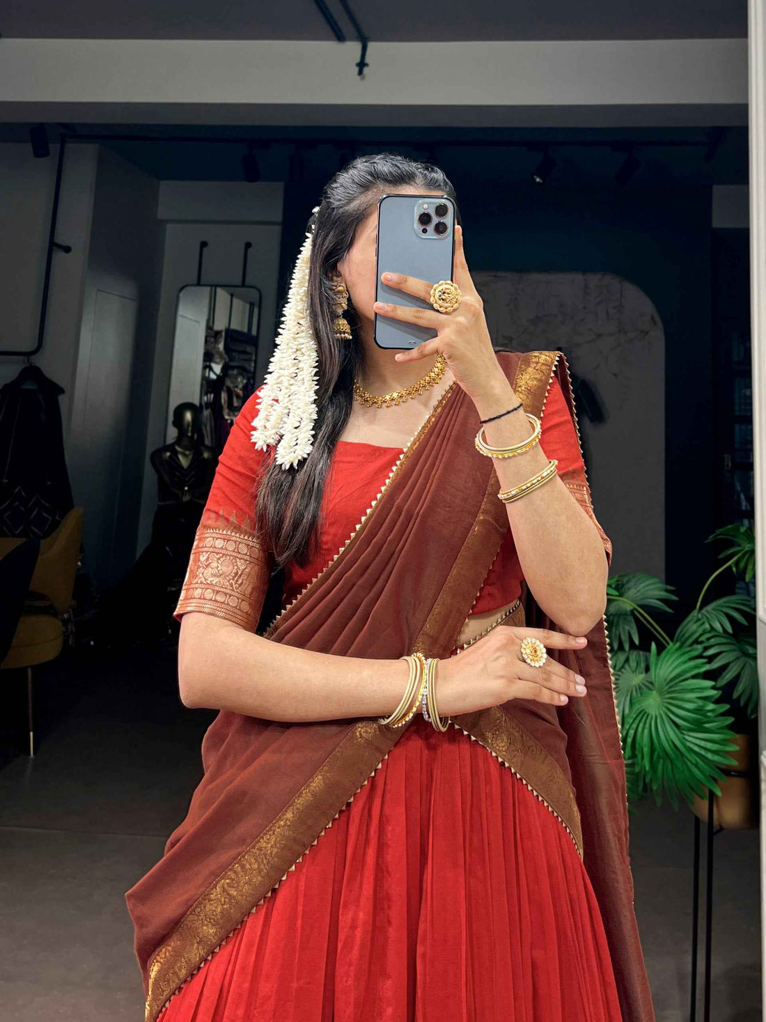 Red Pure Poly Cotton with Zari Woven Border South Indian Lehenga Choli