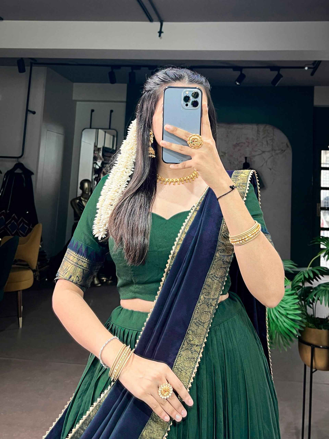 Green Pure Poly Cotton with Zari Woven Border South Indian Lehenga Choli
