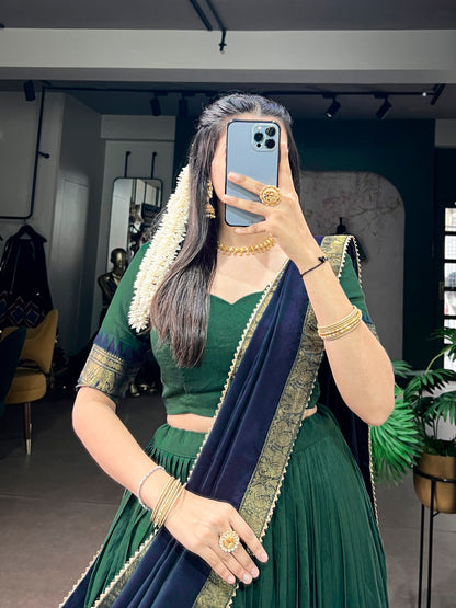 Green Pure Poly Cotton with Zari Woven Border South Indian Lehenga Choli