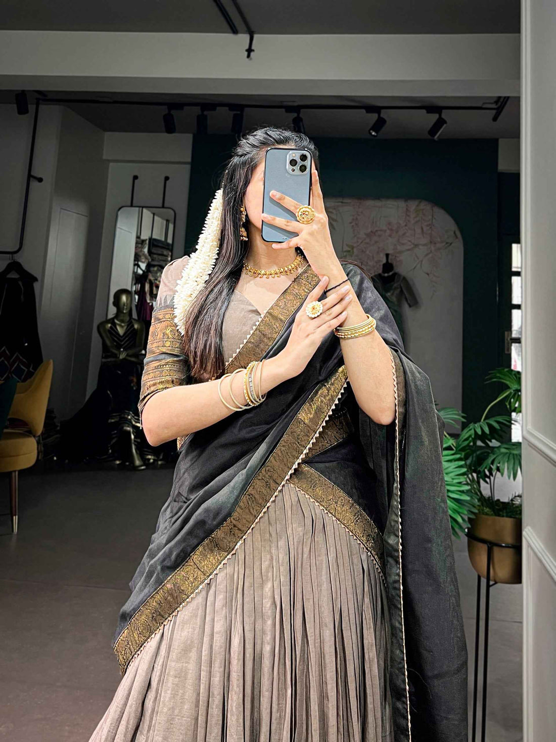 Dark Brown Pure Poly Cotton with Zari Woven Border South Indian Lehenga Choli