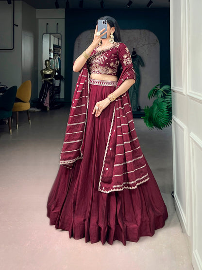 Maroon Pure Rangoli Crush Silk Heavy Embroidery South Indian Lehenga Choli