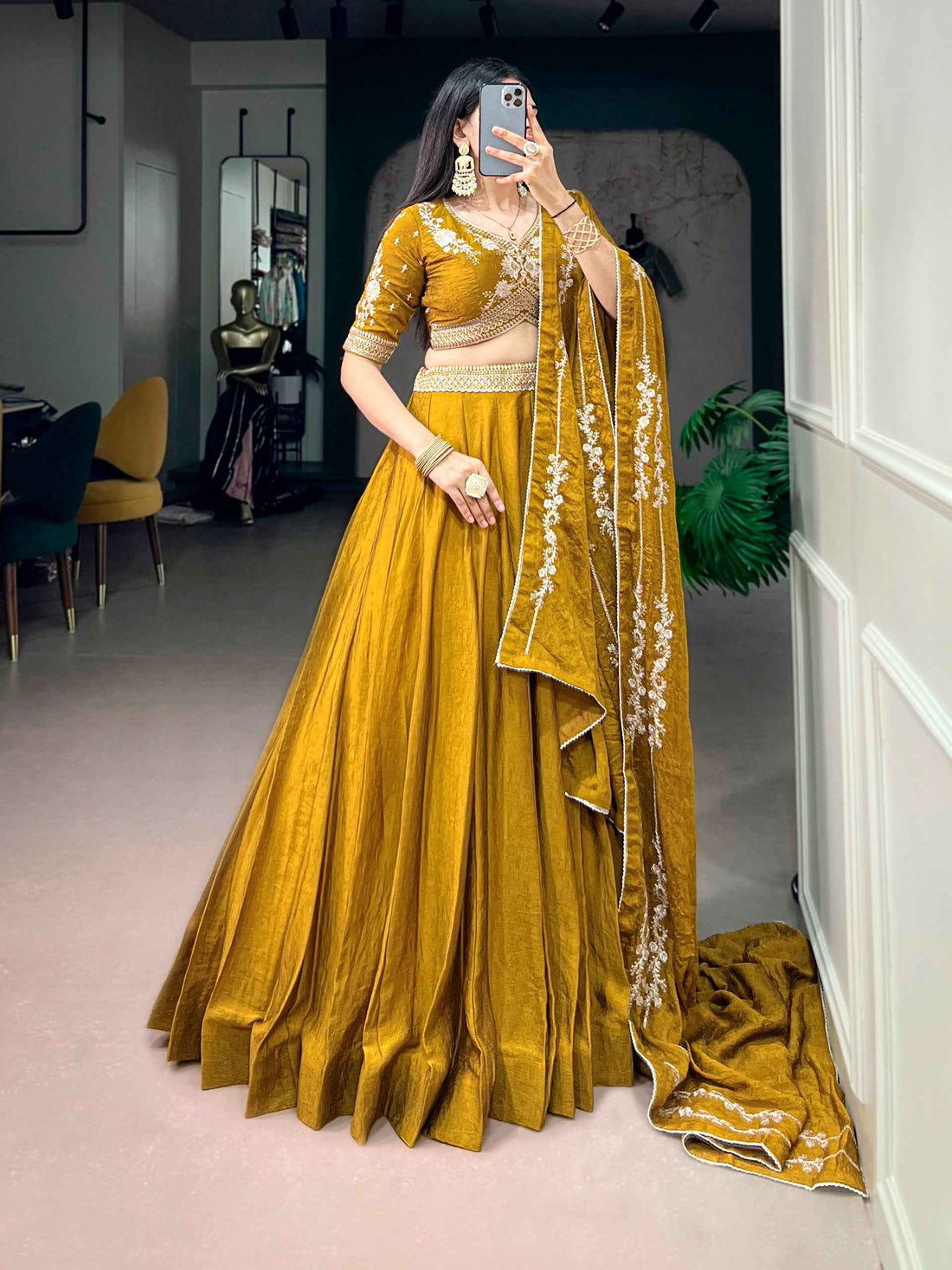 Mustard Pure Rangoli Crush Silk Heavy Embroidery South Indian Lehenga Choli