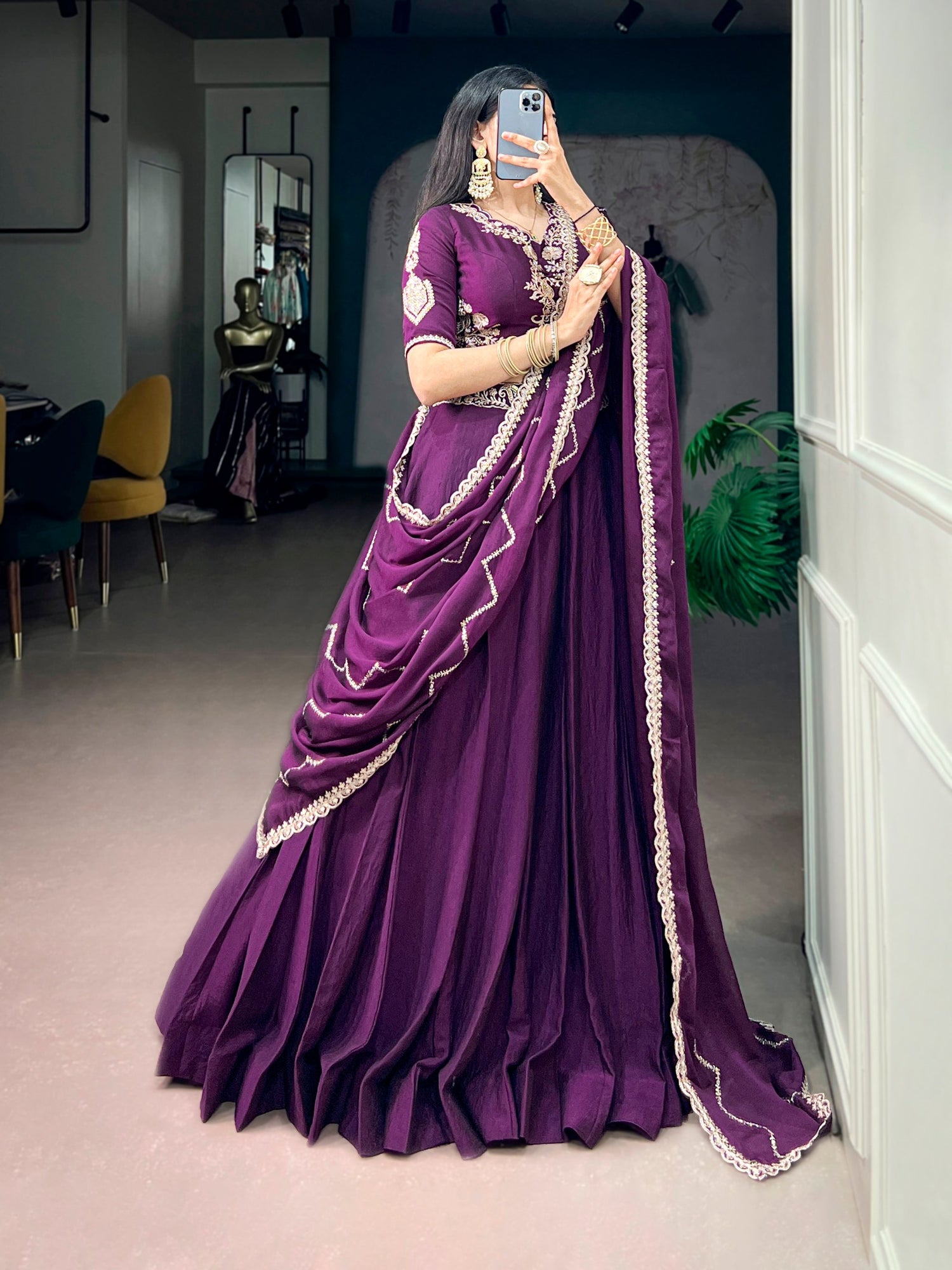 Purple Pure Rangoli Crush Silk Heavy Embroidery South Indian Lehenga Choli